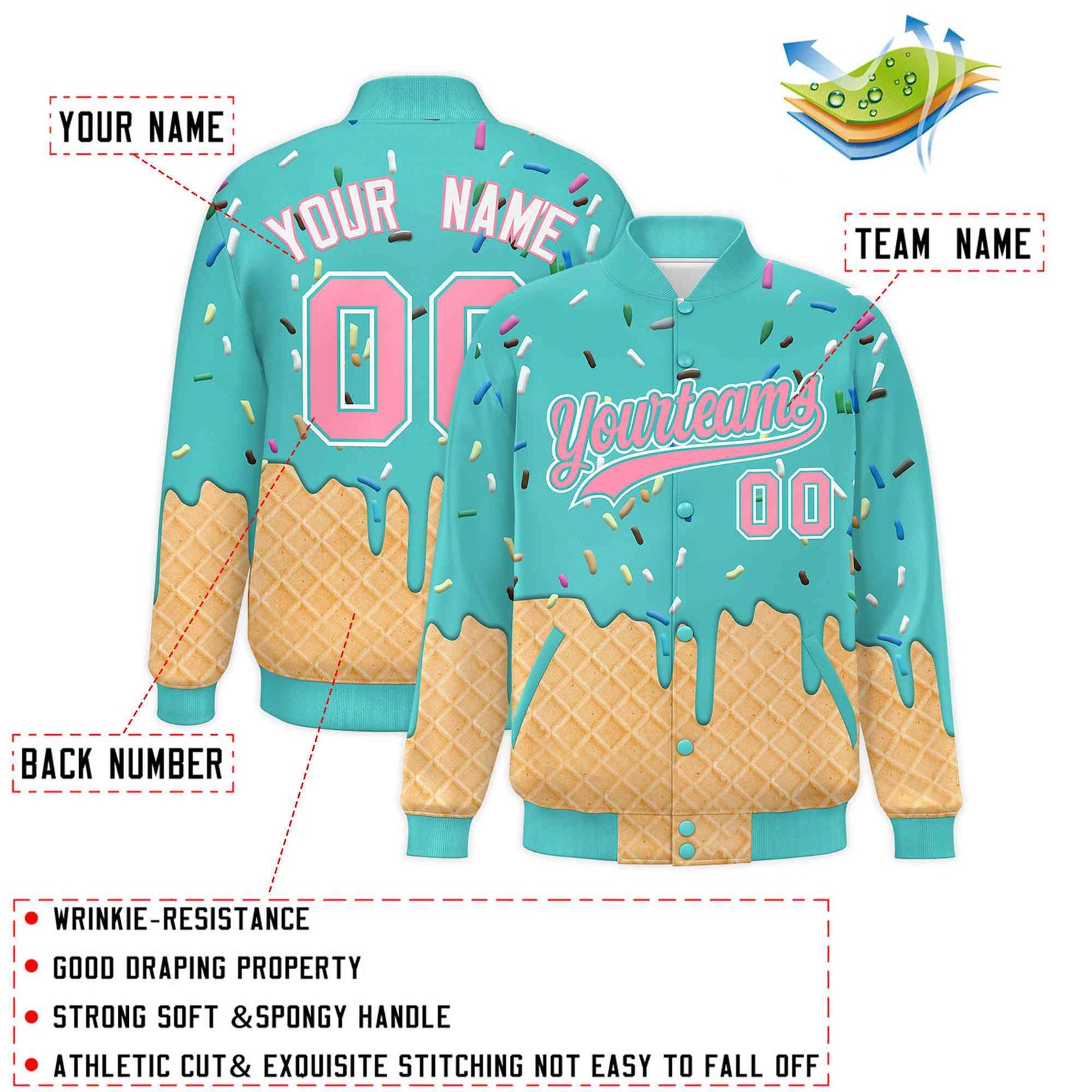 Custom Teal Ice Cream Cone Graffiti Pattern Full-Snap Varsity Letterman Jackets
