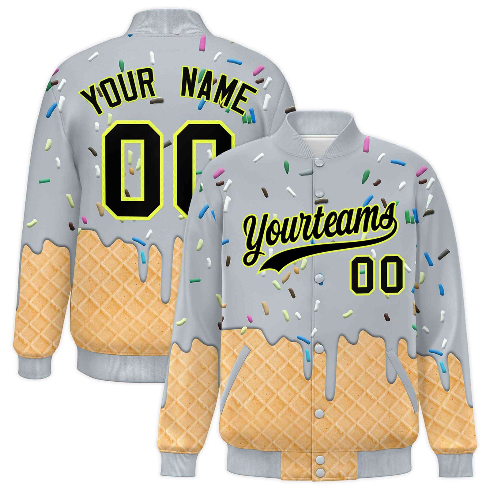 Custom Silver Ice Cream Cone Graffiti Pattern Full-Snap Varsity Letterman Jackets