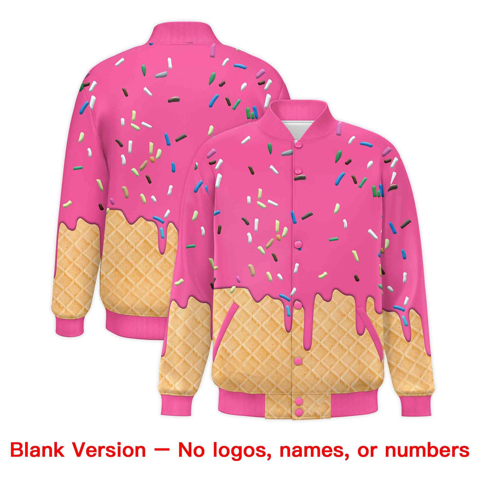Custom Pink Ice Cream Cone Graffiti Pattern Full-Snap Varsity Letterman Jackets