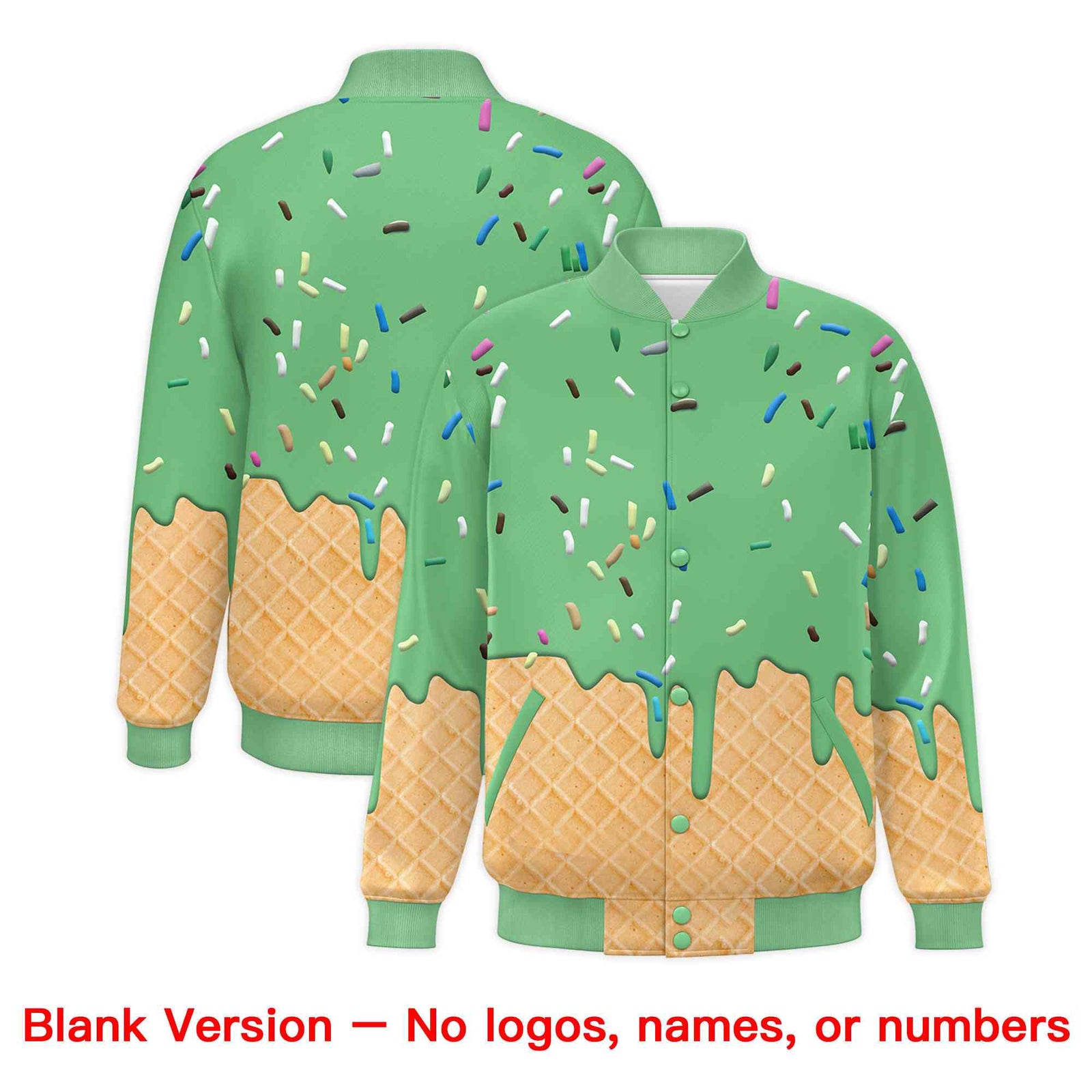 Custom Neon Green Ice Cream Cone Graffiti Pattern Full-Snap Varsity Letterman Jackets