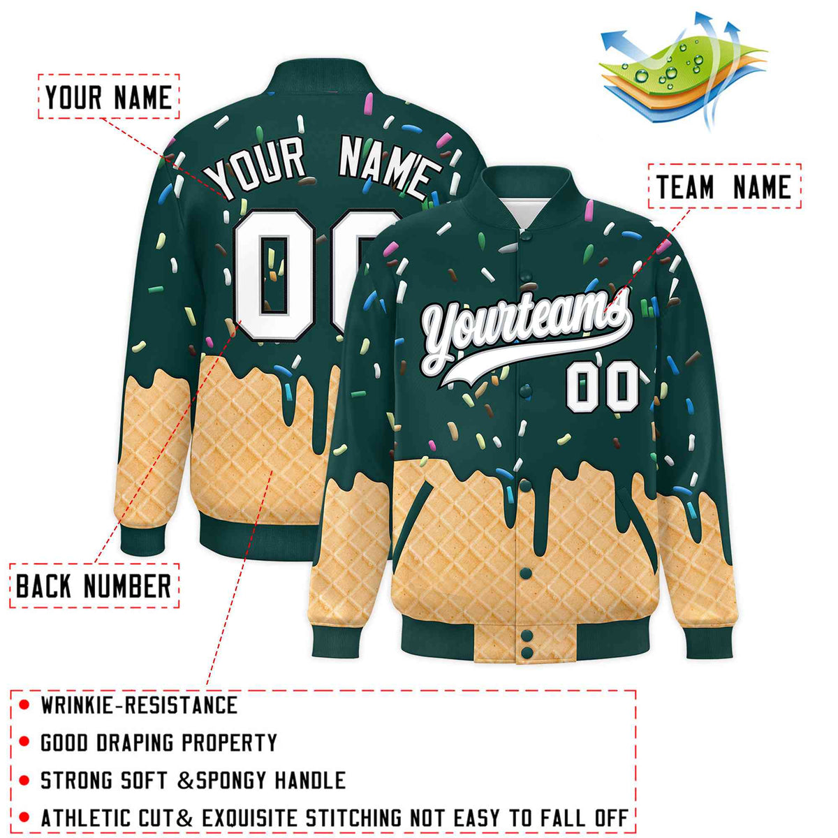 Custom Midnight Green Ice Cream Cone Graffiti Pattern Full-Snap Varsity Letterman Jackets