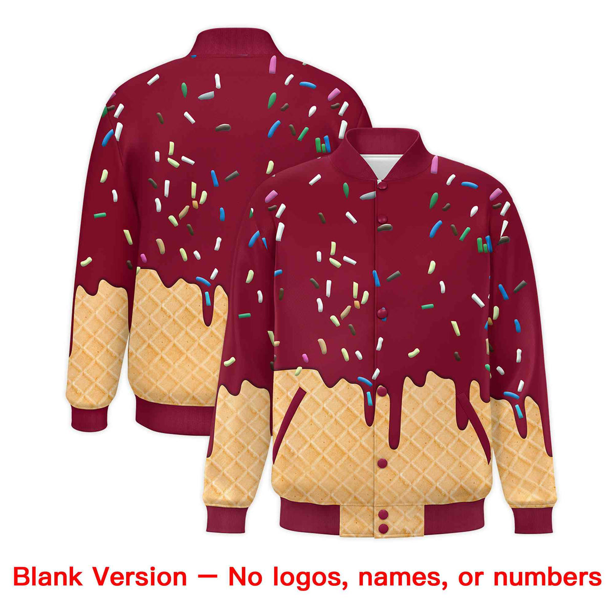 Custom Crimson Ice Cream Cone Graffiti Pattern Full-Snap Varsity Letterman Jackets