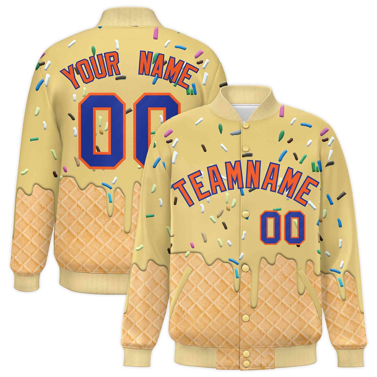 Custom Khaki Ice Cream Cone Graffiti Pattern Full-Snap Varsity Letterman Jackets