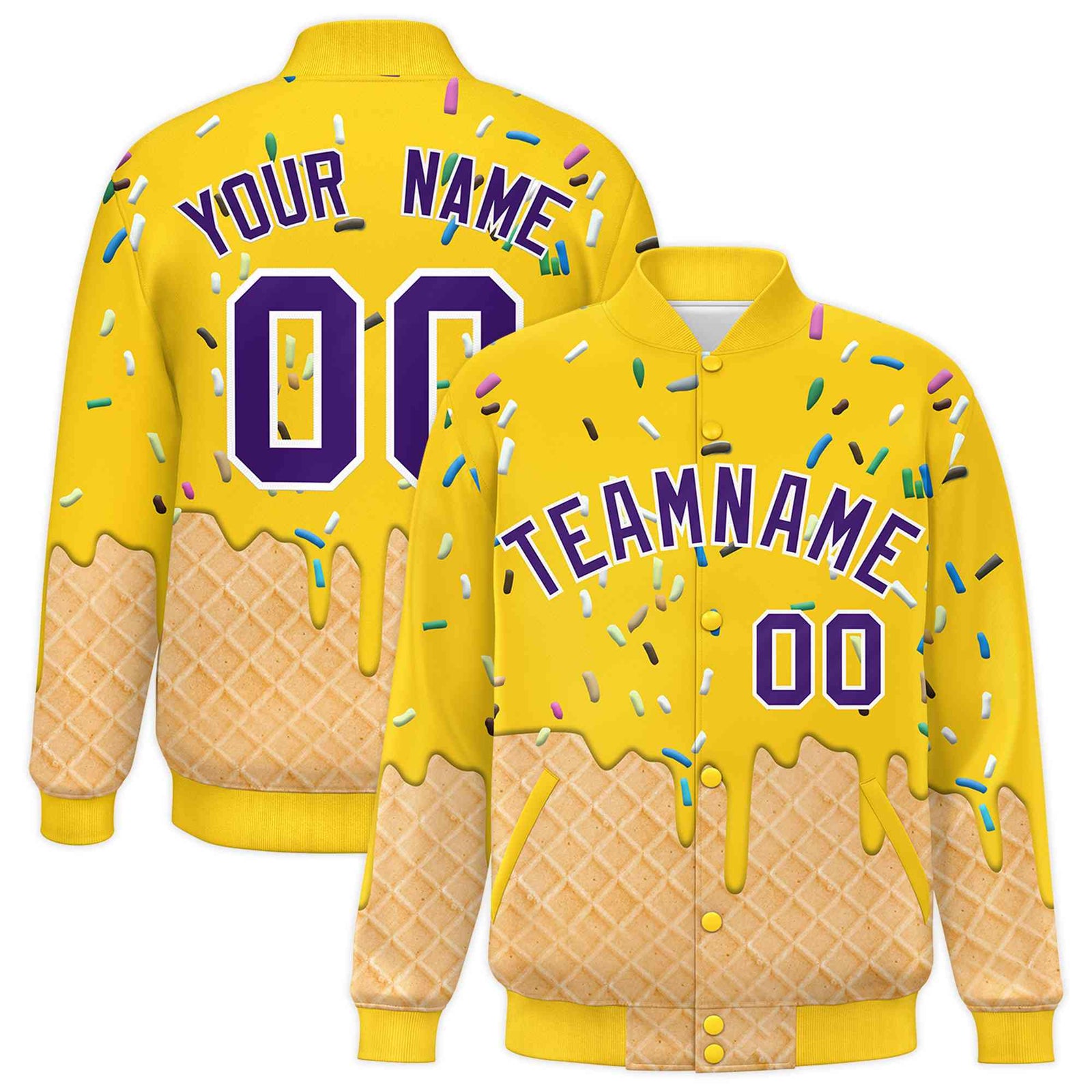 Custom Gold Ice Cream Cone Graffiti Pattern Full-Snap Varsity Letterman Jackets
