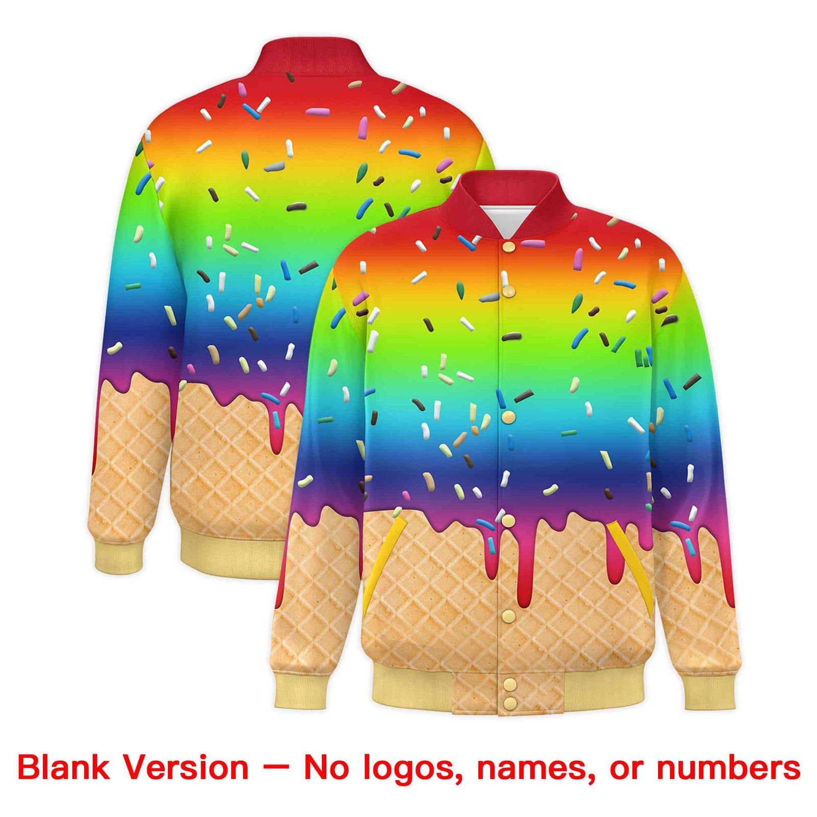 Custom Rainbow Ice Cream Cone Graffiti Pattern Full-Snap Varsity Letterman Jackets