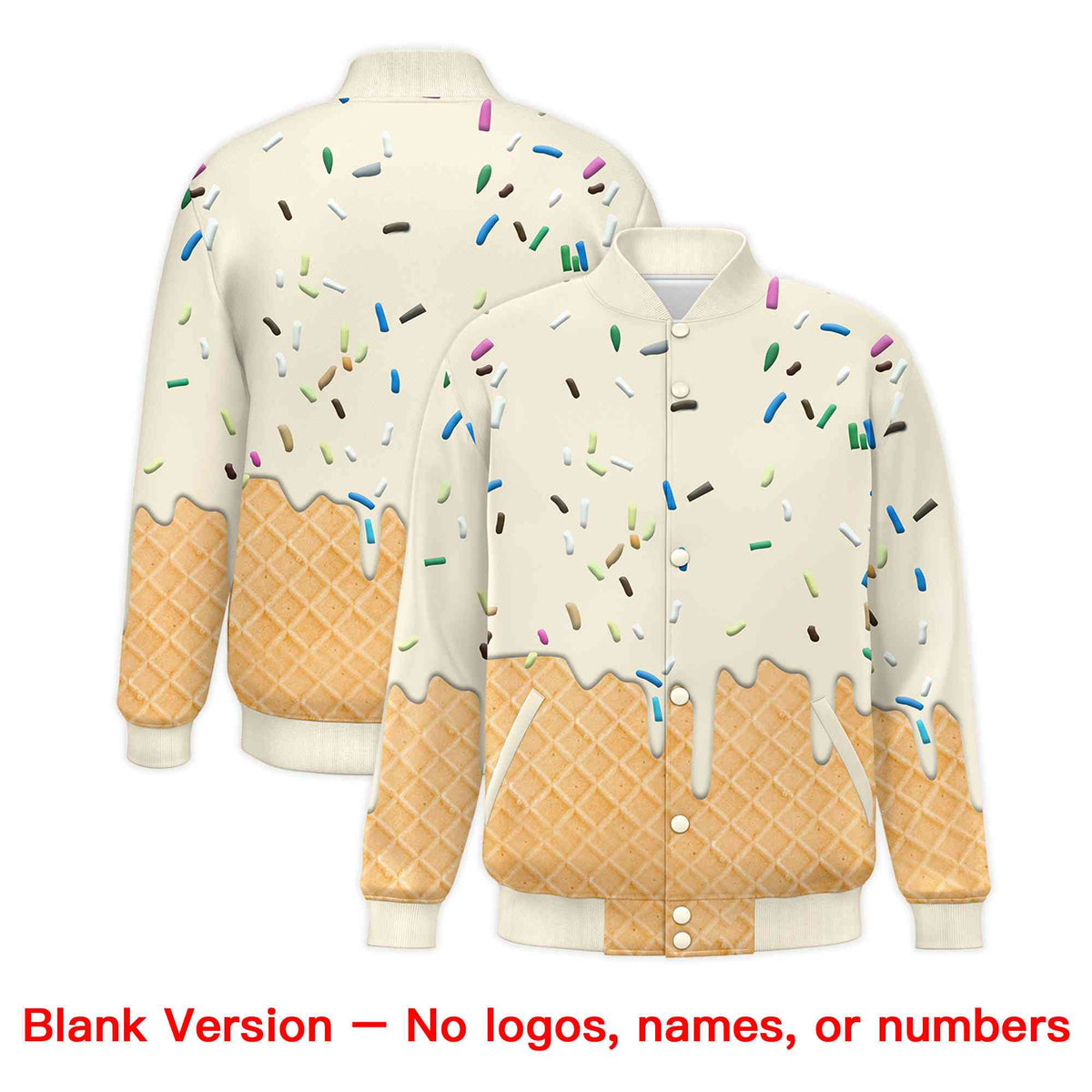 Custom Cream Ice Cream Cone Graffiti Pattern Full-Snap Varsity Letterman Jackets| KXKSHOP