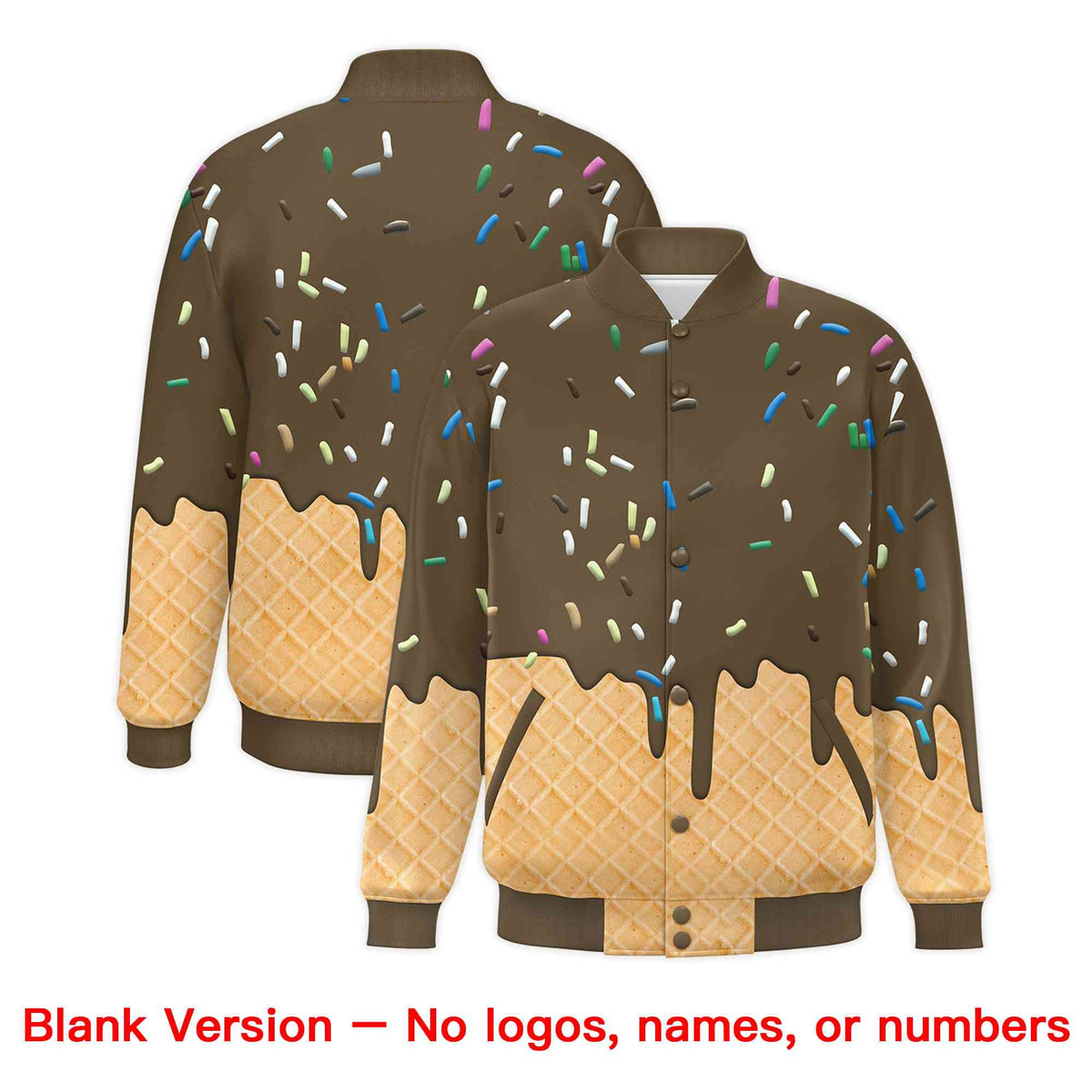 Custom Light Brown Ice Cream Cone Graffiti Pattern Full-Snap Varsity Letterman Jackets| KXKSHOP