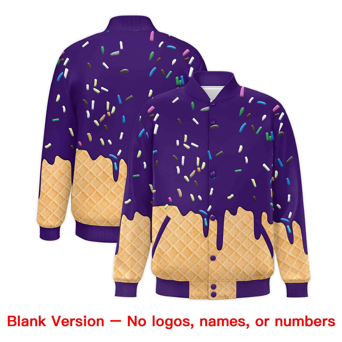 Custom Purple Ice Cream Cone Graffiti Pattern Full-Snap Varsity Letterman Jackets| KXKSHOP