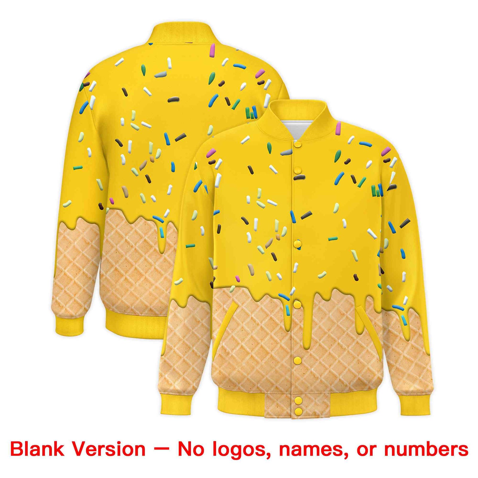 Custom Gold Ice Cream Cone Graffiti Pattern Full-Snap Varsity Letterman Jackets