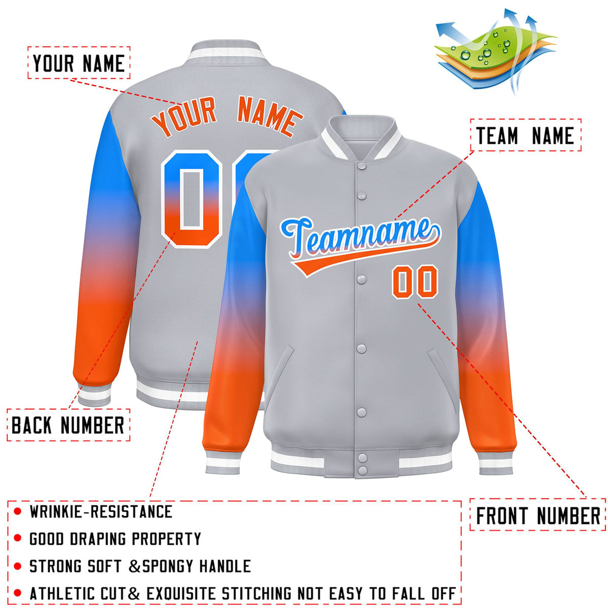 Custom Gray Powder Blue-Orange Gradient Varsity Full-Snap Raglan Sleeves Baseball Jacket