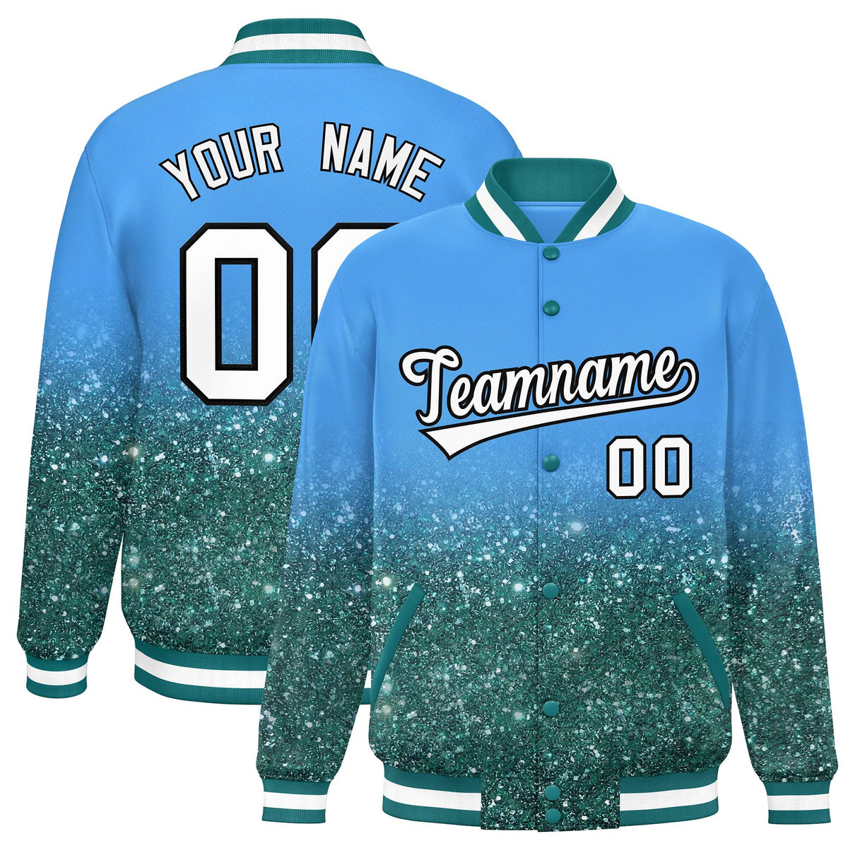 Custom Powder Blue Varsity Full-Snap Sequins Pattern Letterman Baseball Jacket
