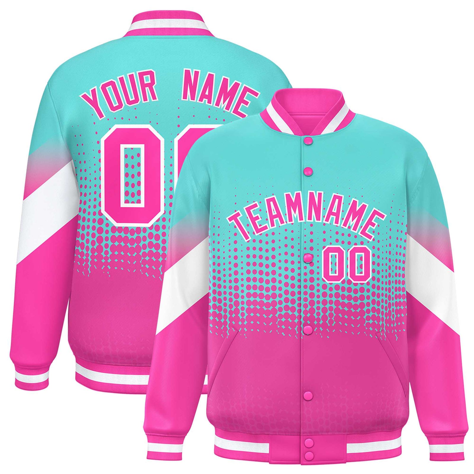 Custom Bright Green Pink Gradient Varsity Full-Snap Polka Dot Pattern Letterman Baseball Jacket