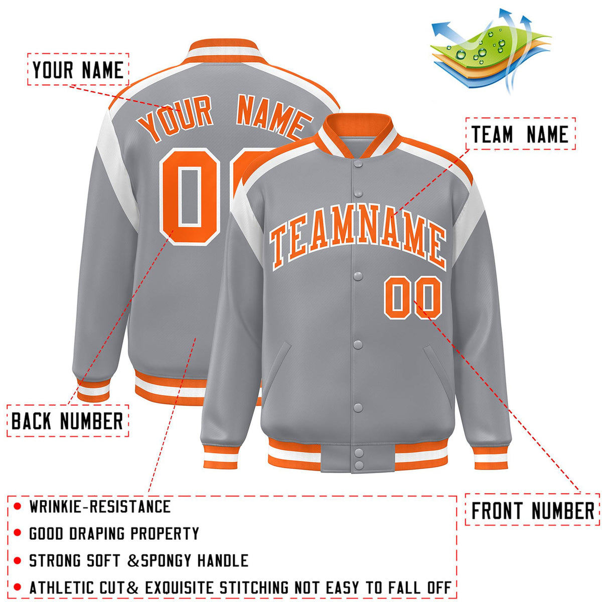 Custom Gray Varsity Full-Snap Color Block Letterman Jacket