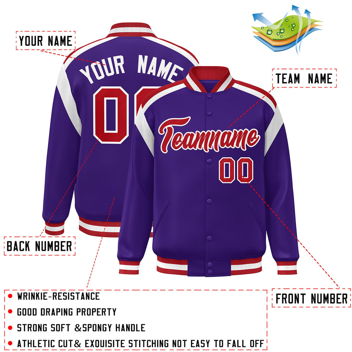 Custom Purple Varsity Full-Snap Color Block Letterman Jacket