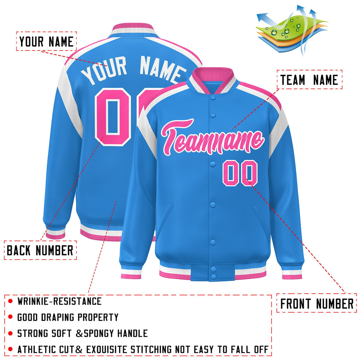Custom Powder Blue Varsity Full-Snap Color Block Letterman Jacket