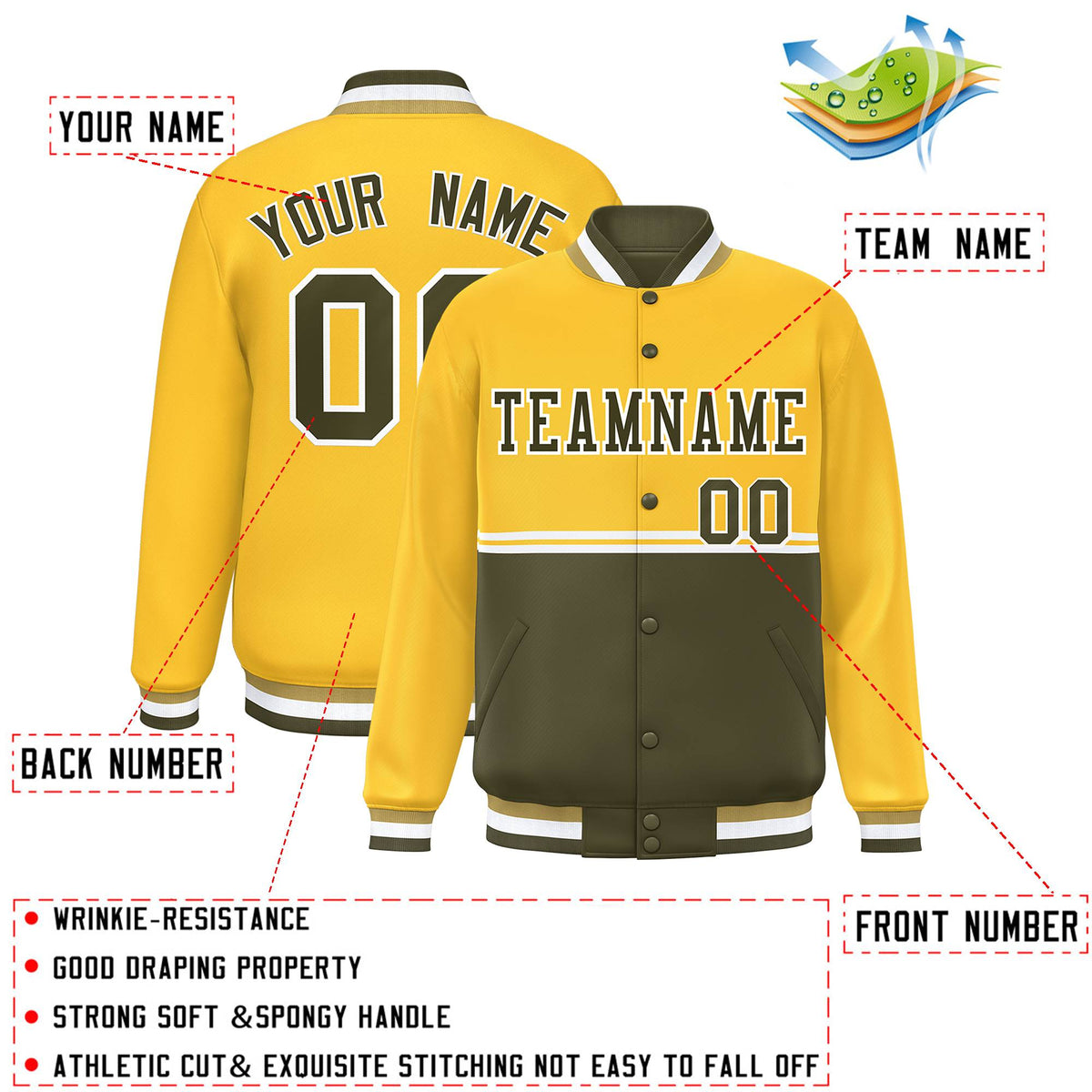 Custom Gold Olive Varsity Full-Snap Color Block Letterman Jacket