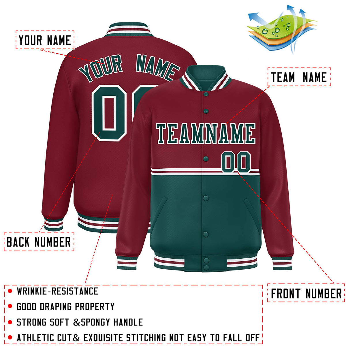 Custom Crimson Midnight Green Varsity Full-Snap Color Block Letterman Jacket