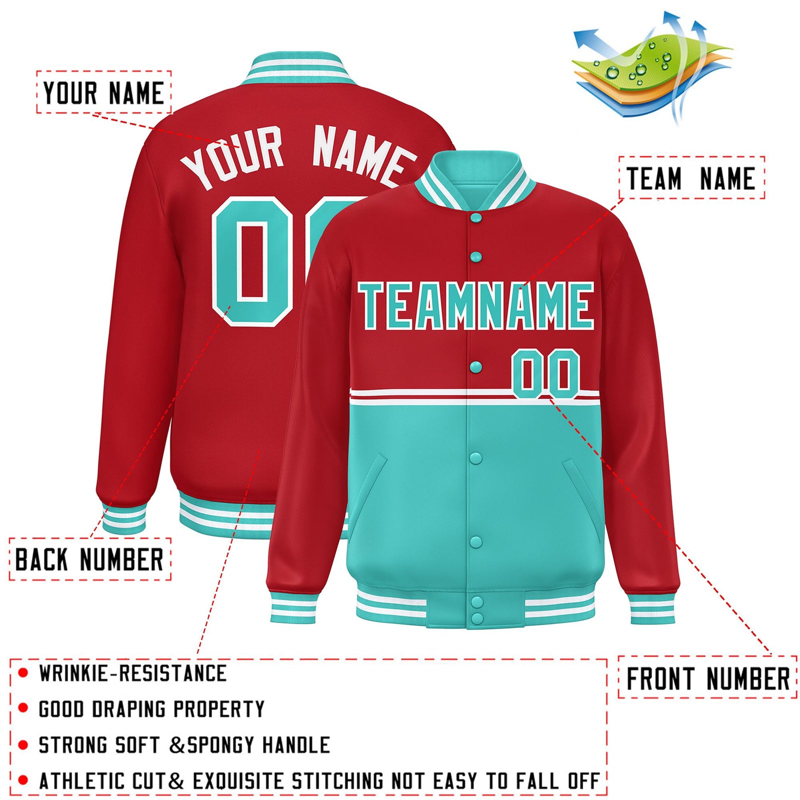 Custom Red Bright Green Varsity Full-Snap Color Block Letterman Jacket