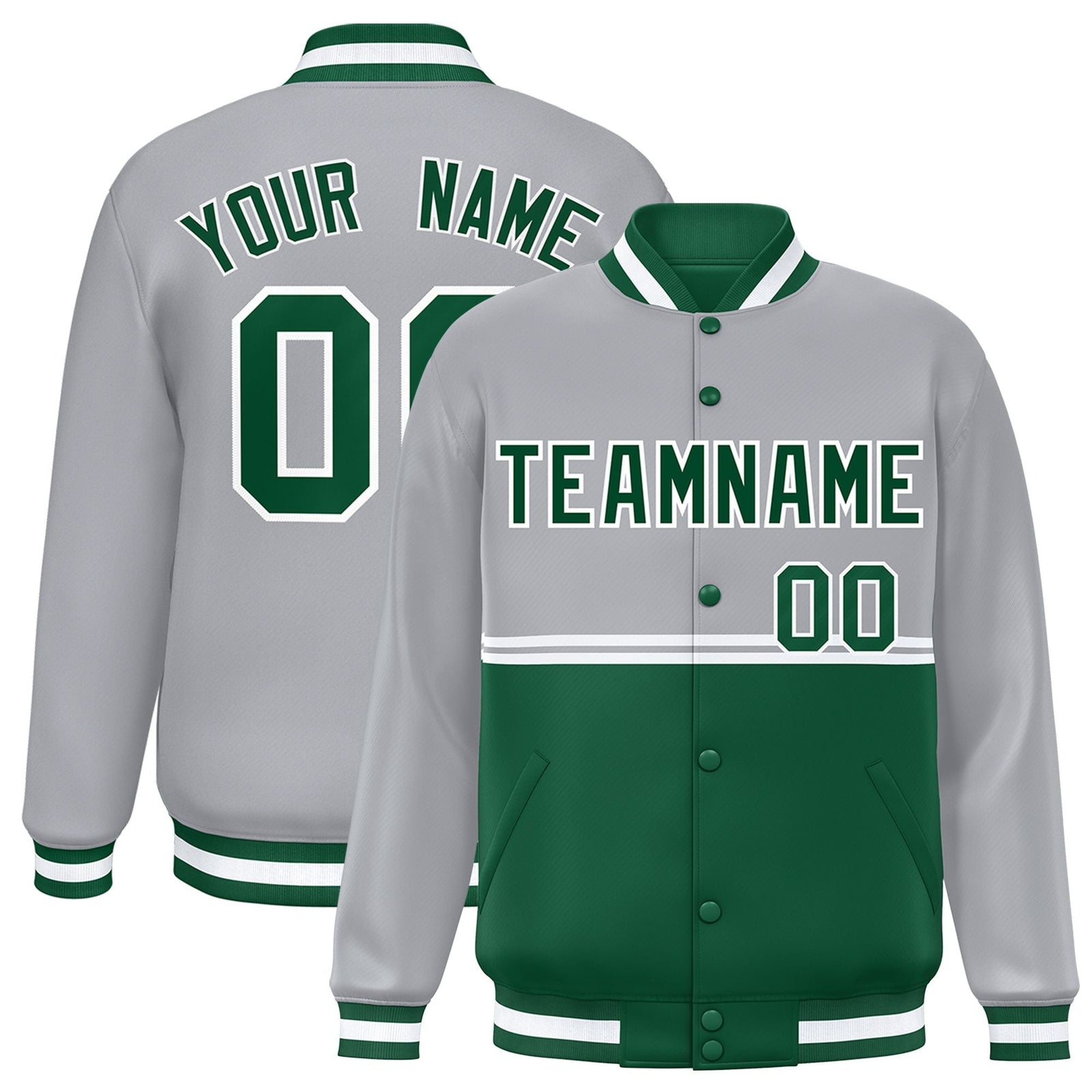 Custom Gray Green Varsity Full-Snap Color Block Letterman Jacket