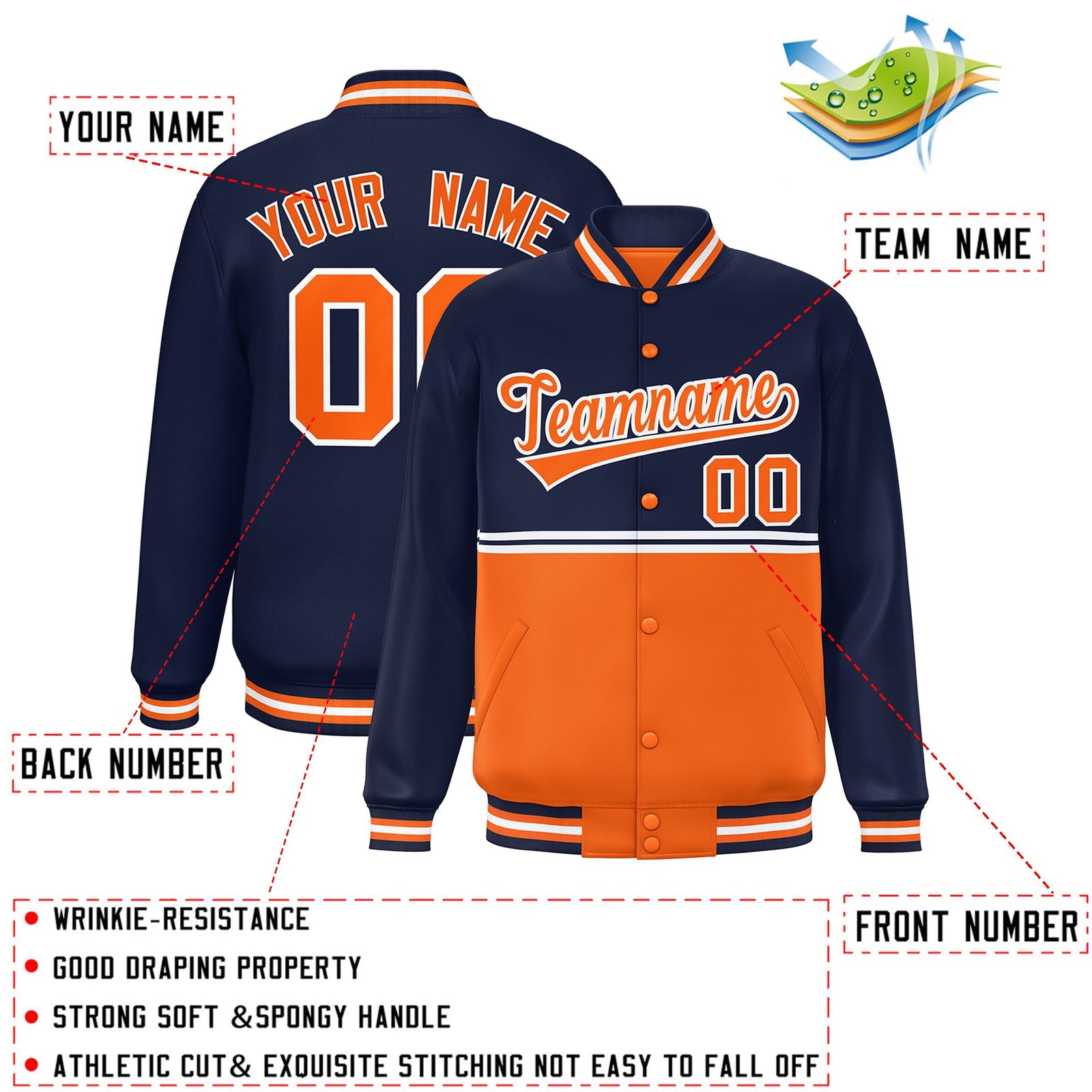 Custom Navy Orange Varsity Full-Snap Color Block Letterman Jacket