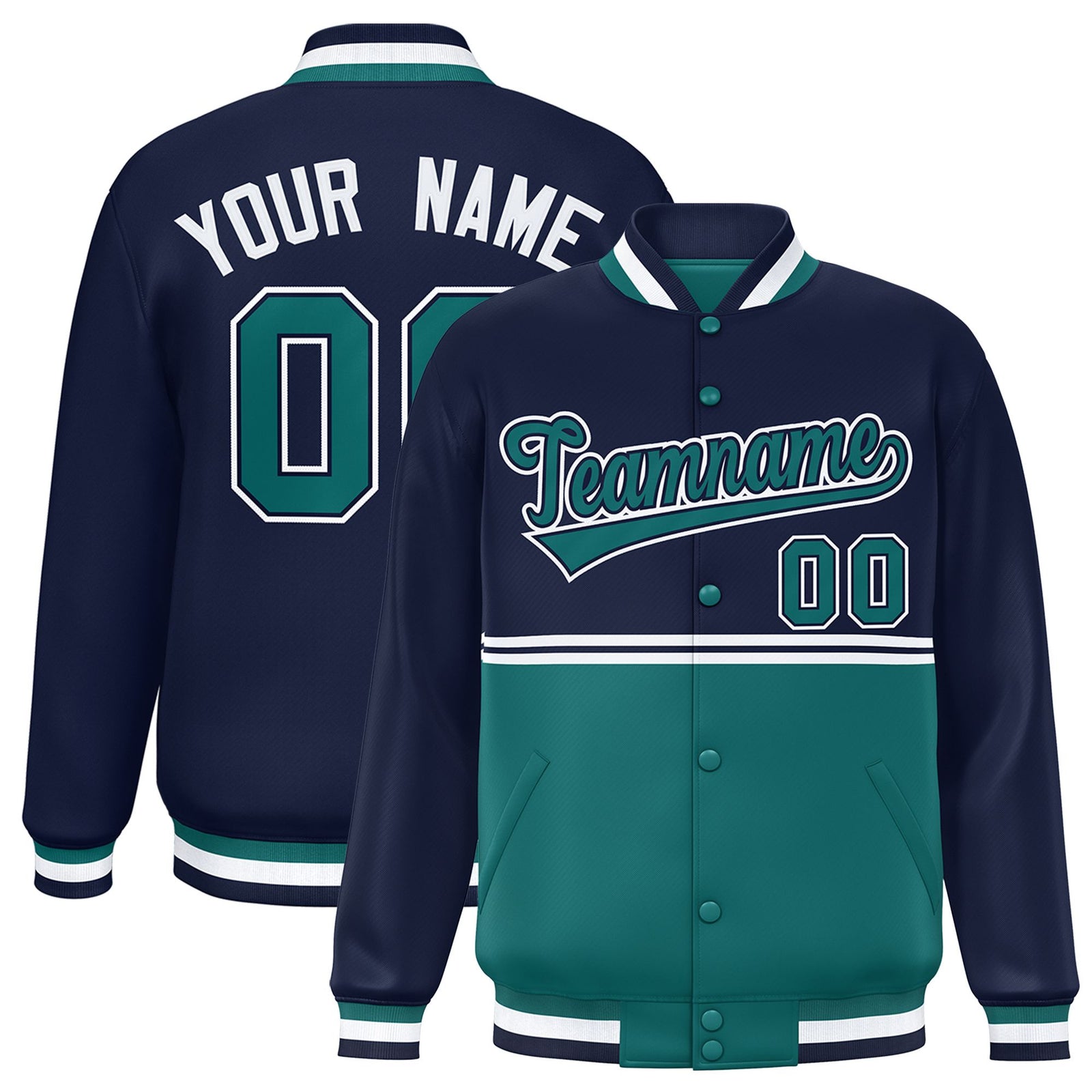Custom Navy Aqua Varsity Full-Snap Color Block Letterman Jacket