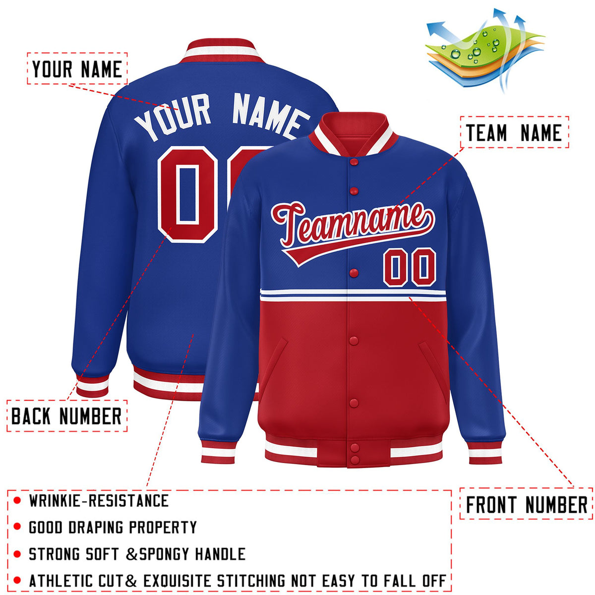 Custom Royal Red Varsity Full-Snap Color Block Letterman Jacket