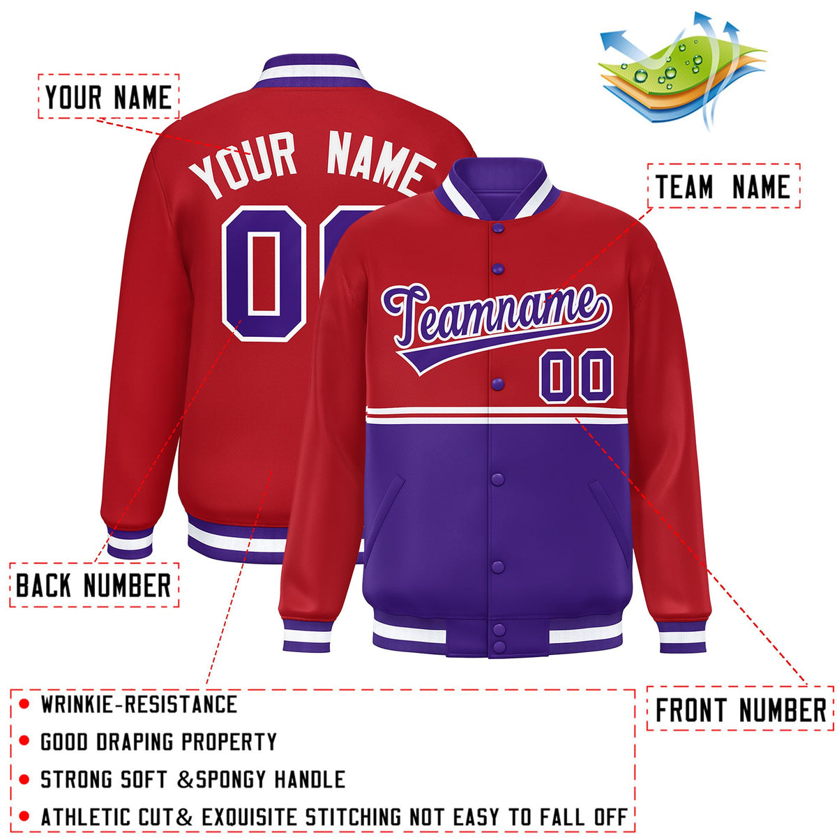 Custom Red Purple Varsity Full-Snap Color Block Letterman Jacket