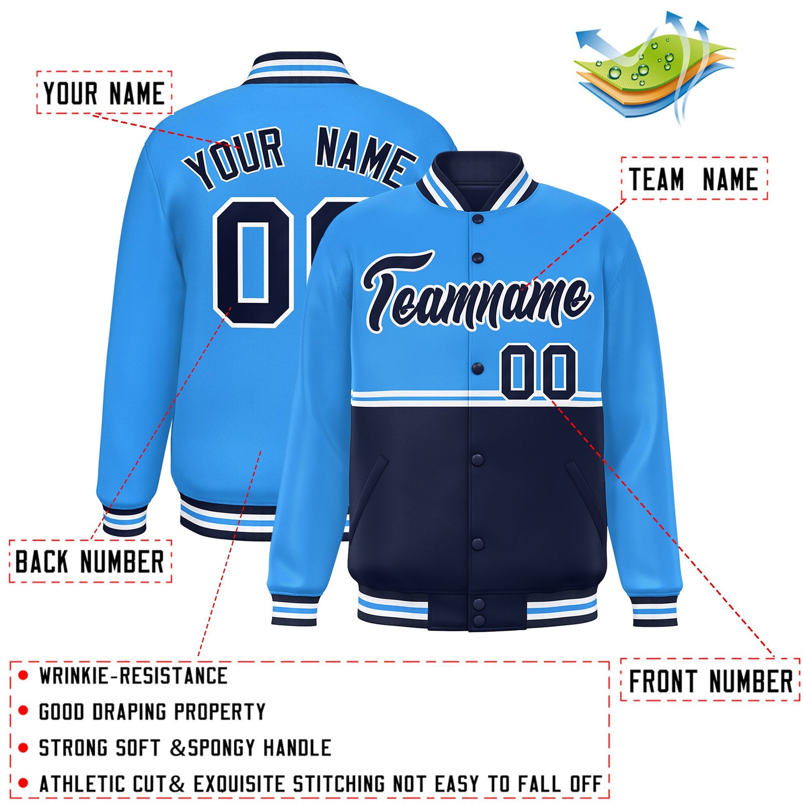 Custom Powder Blue Navy Varsity Full-Snap Color Block Letterman Jacket