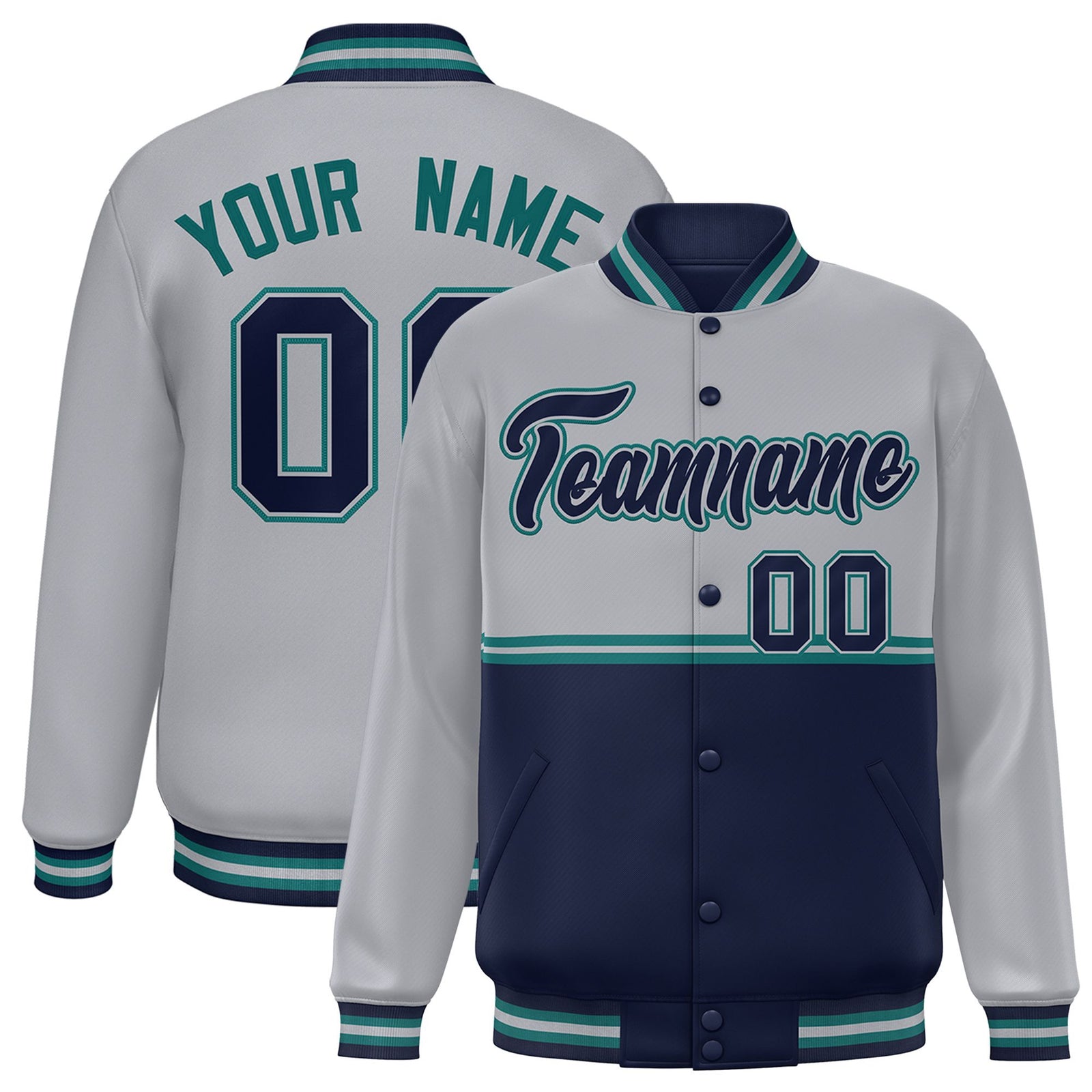 Custom Gray Navy Varsity Full-Snap Color Block Letterman Jacket
