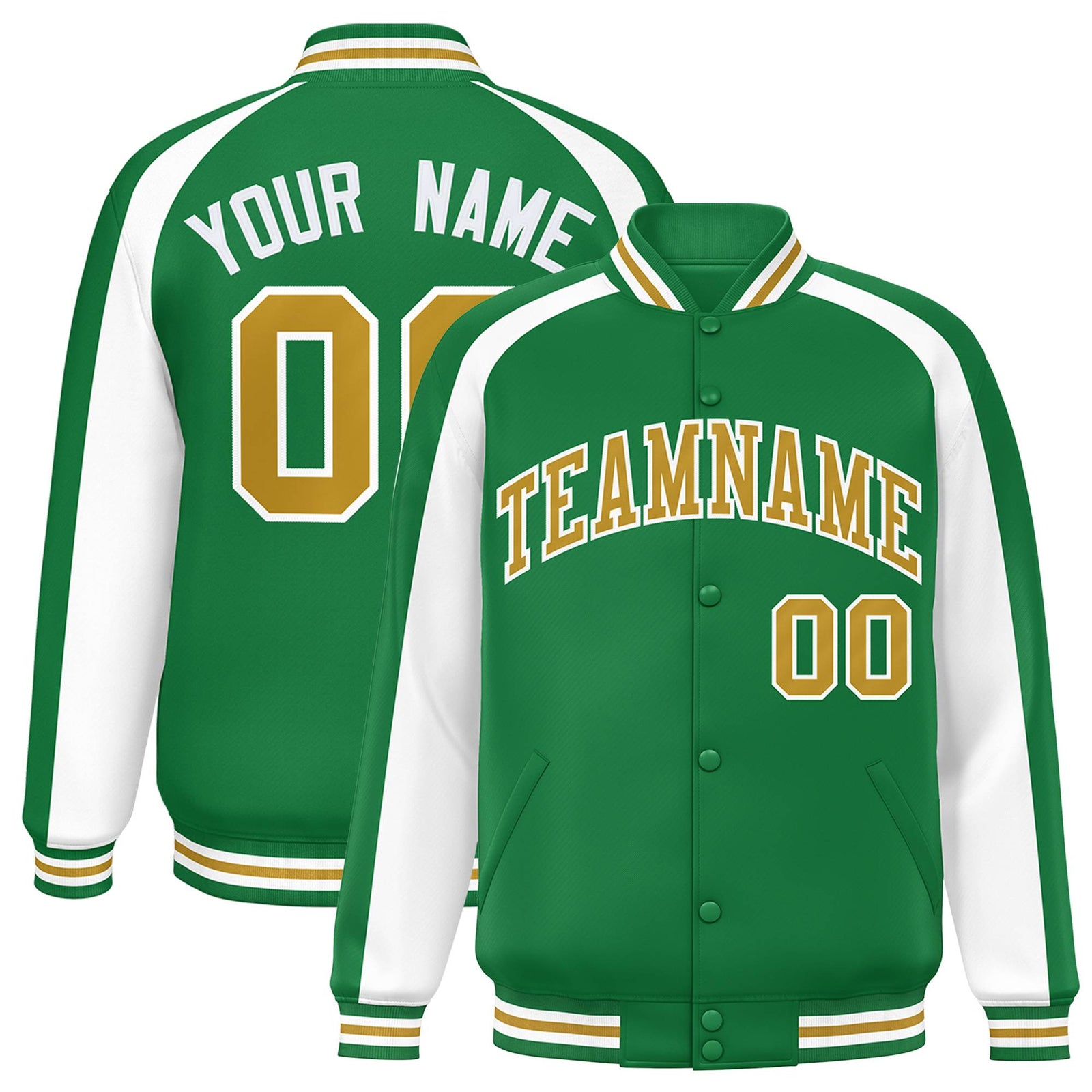 Custom Kelly Green White Varsity Full-Snap Color Block Personalized Raglan Sleeves Letterman Jacket