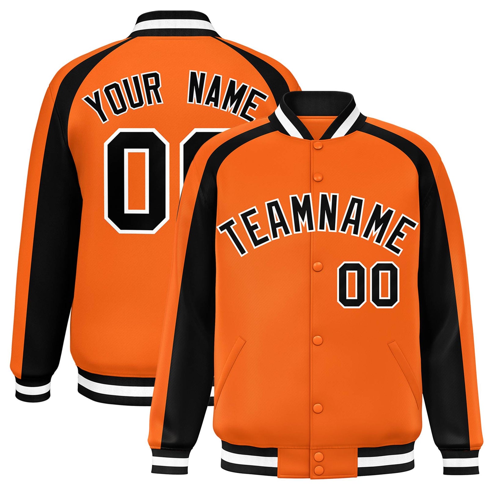 Custom Orange Black Varsity Full-Snap Color Block Personalized Raglan Sleeves Letterman Jacket