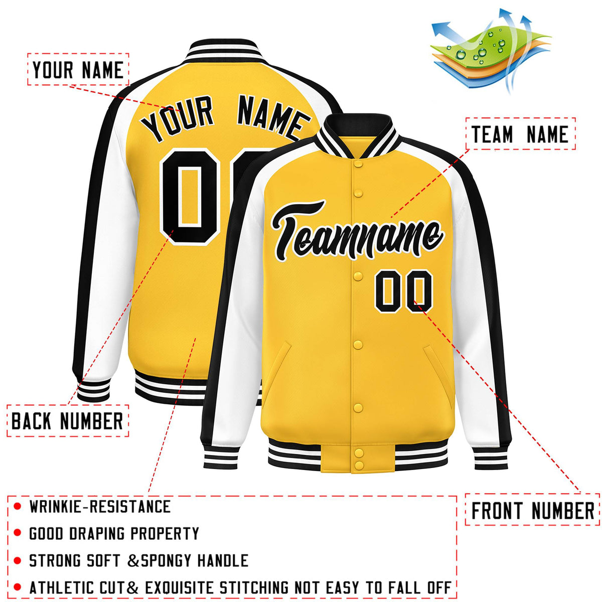 Custom Gold White Varsity Full-Snap Color Block Personalized Raglan Sleeves Letterman Jacket