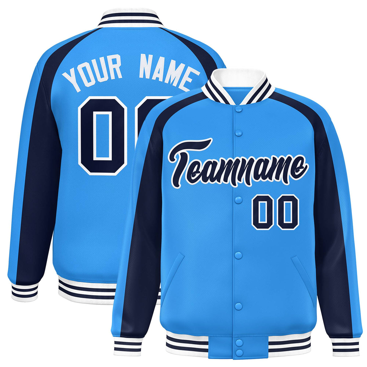 Custom Powder Blue Navy Varsity Full-Snap Color Block Personalized Raglan Sleeves Letterman Jacket