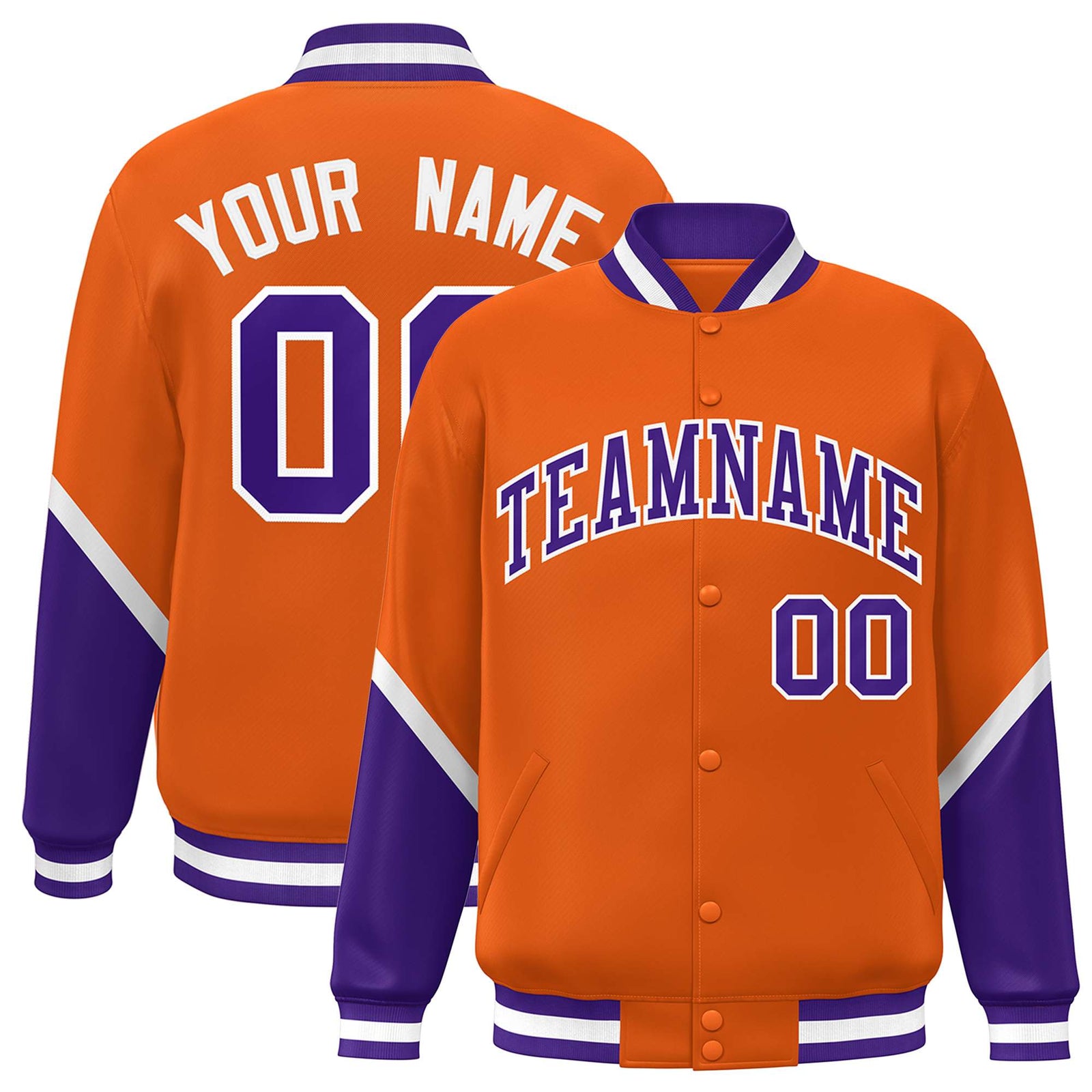 Custom Orange Purple Varsity Full-Snap Color Block Letterman Baseball Jacket