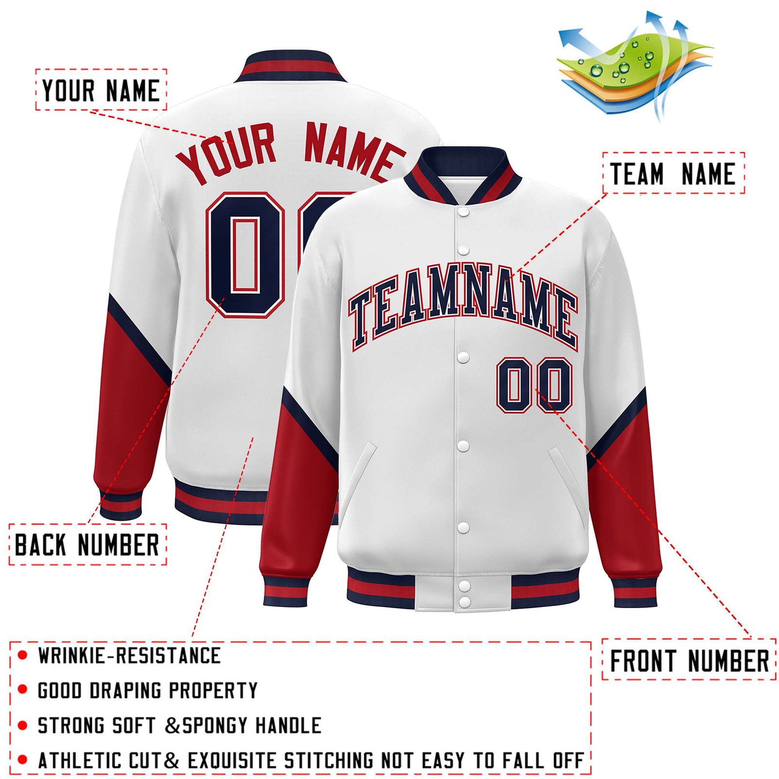 Custom White Red Varsity Full-Snap Color Block Letterman Baseball Jacket
