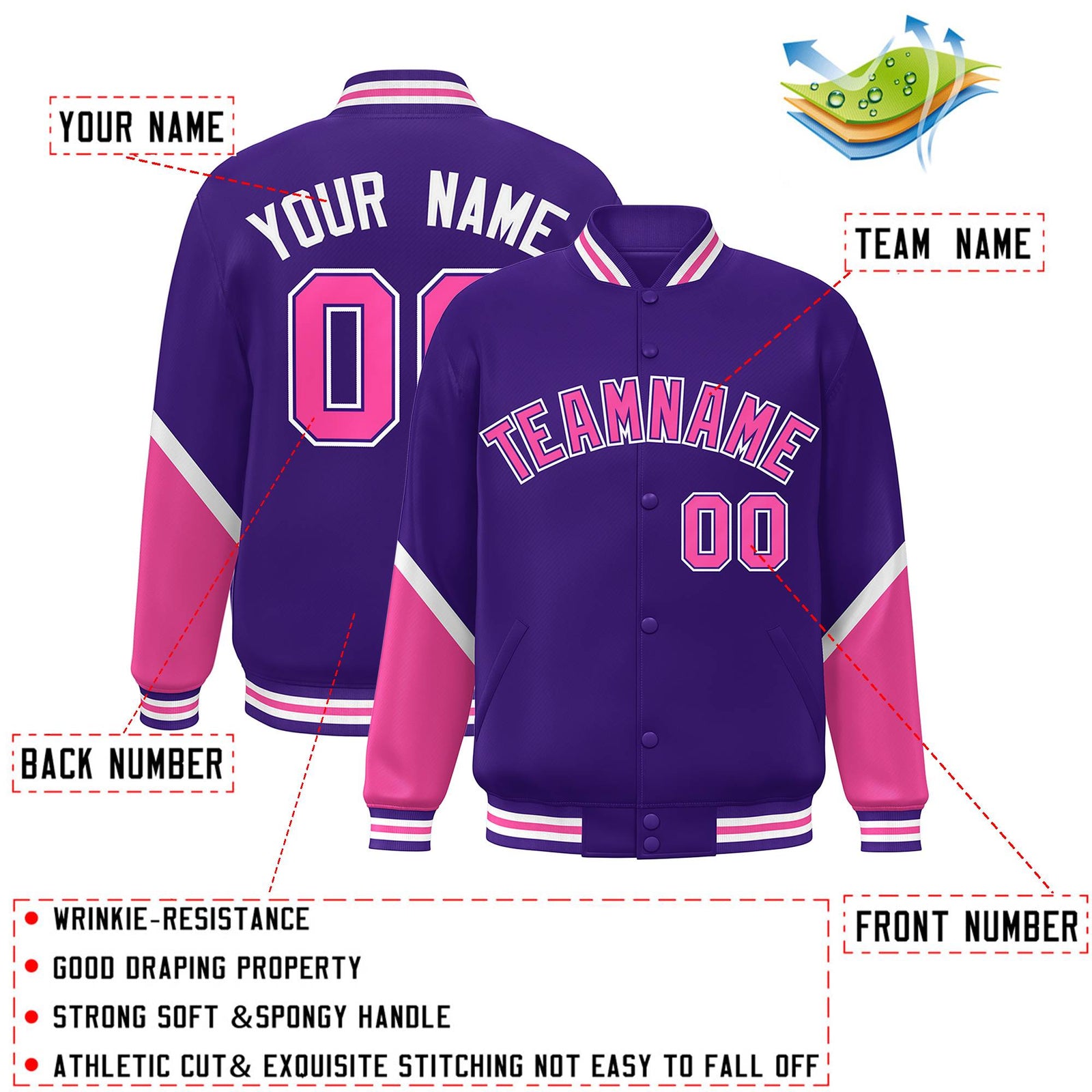 Custom Purple Pink Varsity Full-Snap Color Block Letterman Baseball Jacket