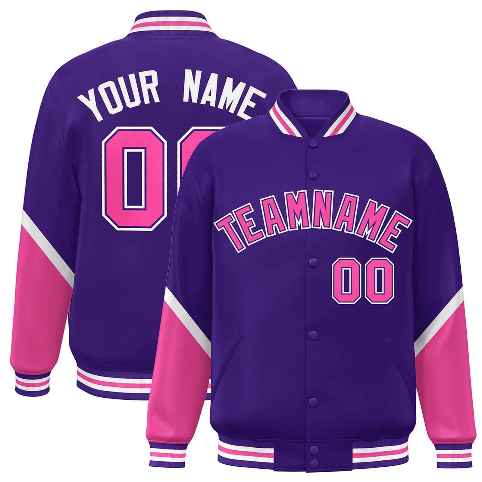 Custom Purple Pink Varsity Full-Snap Color Block Letterman Baseball Jacket