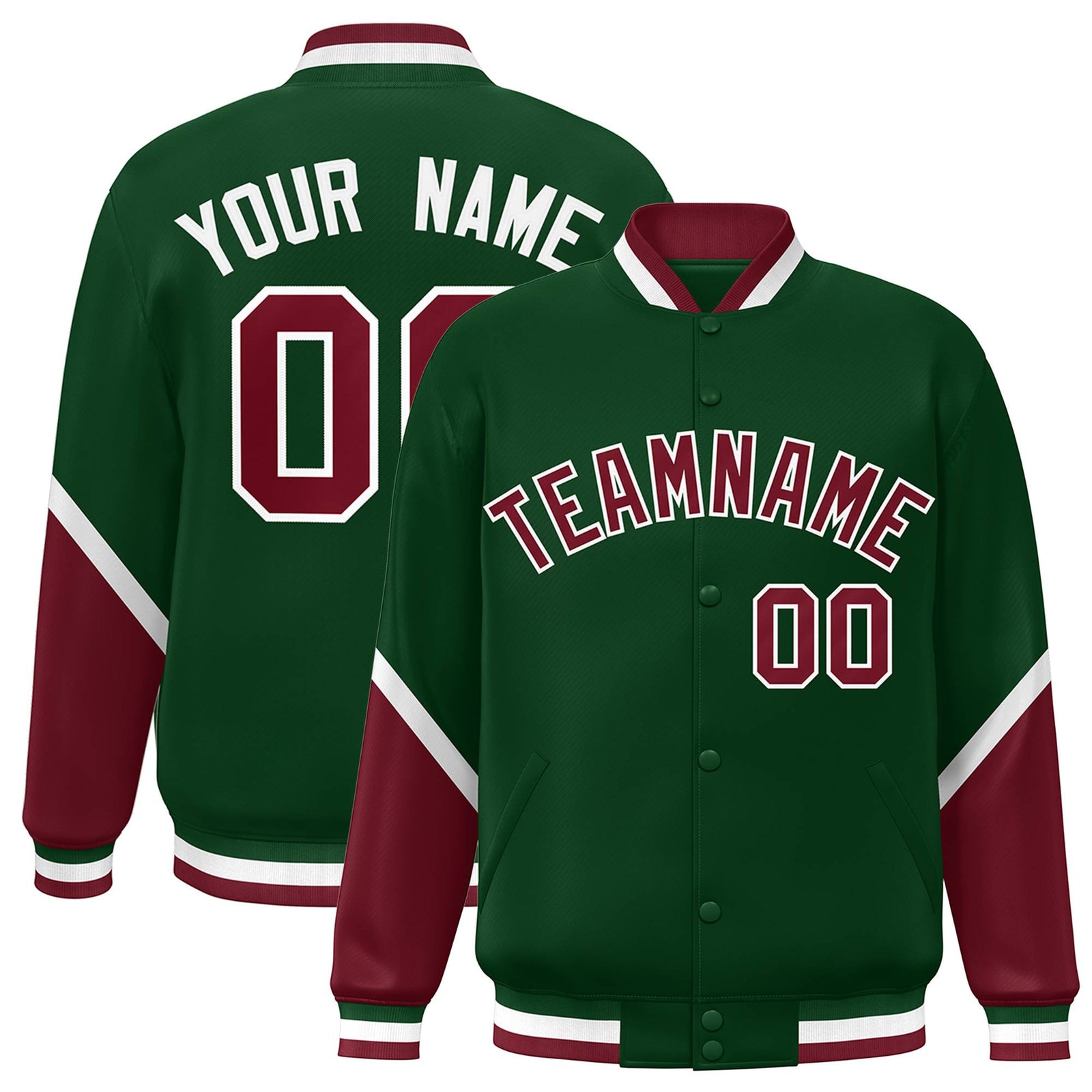 Custom Green Crimson Varsity Full-Snap Color Block Letterman Baseball Jacket