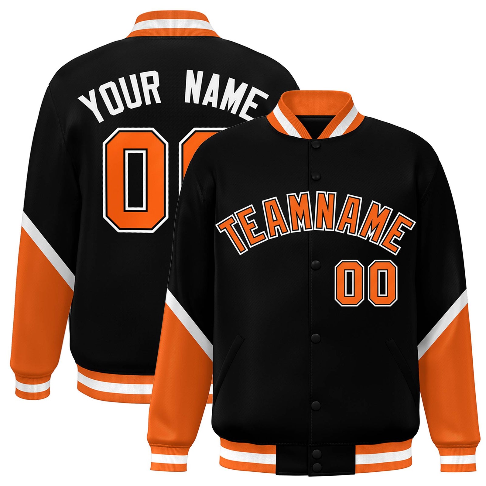Custom Black Orange Varsity Full-Snap Color Block Letterman Baseball Jacket