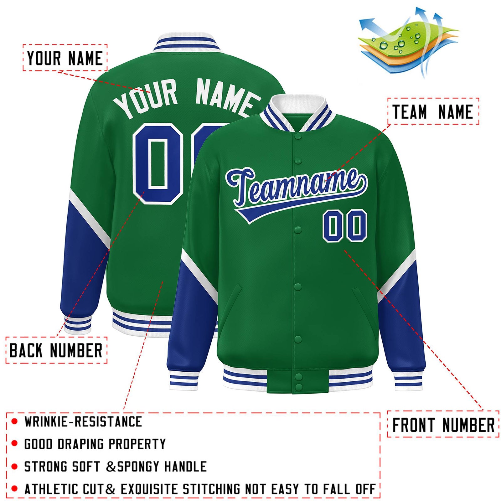 Custom Kelly Green Royal Varsity Full-Snap Color Block Letterman Baseball Jacket