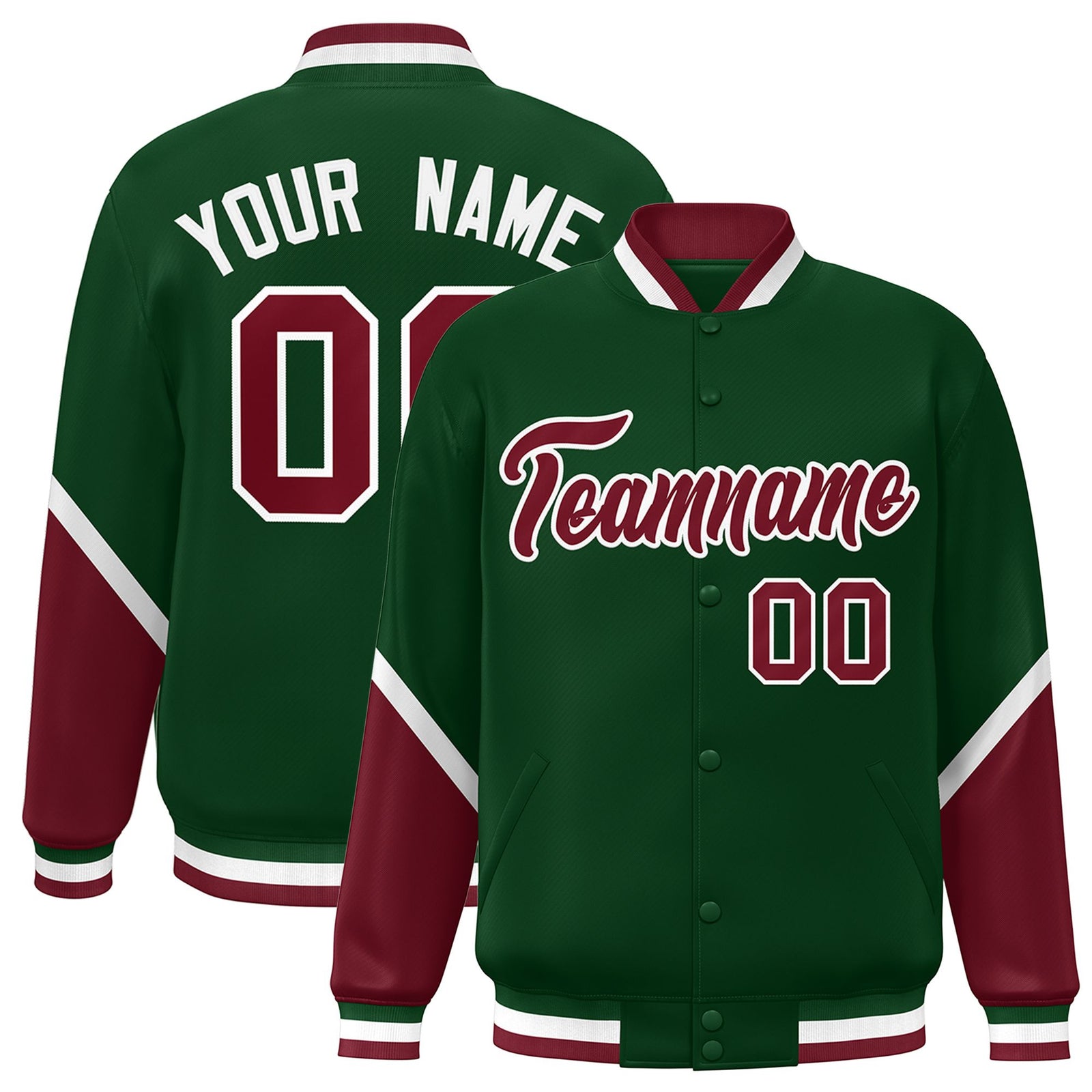 Custom Green Crimson Varsity Full-Snap Color Block Letterman Baseball Jacket