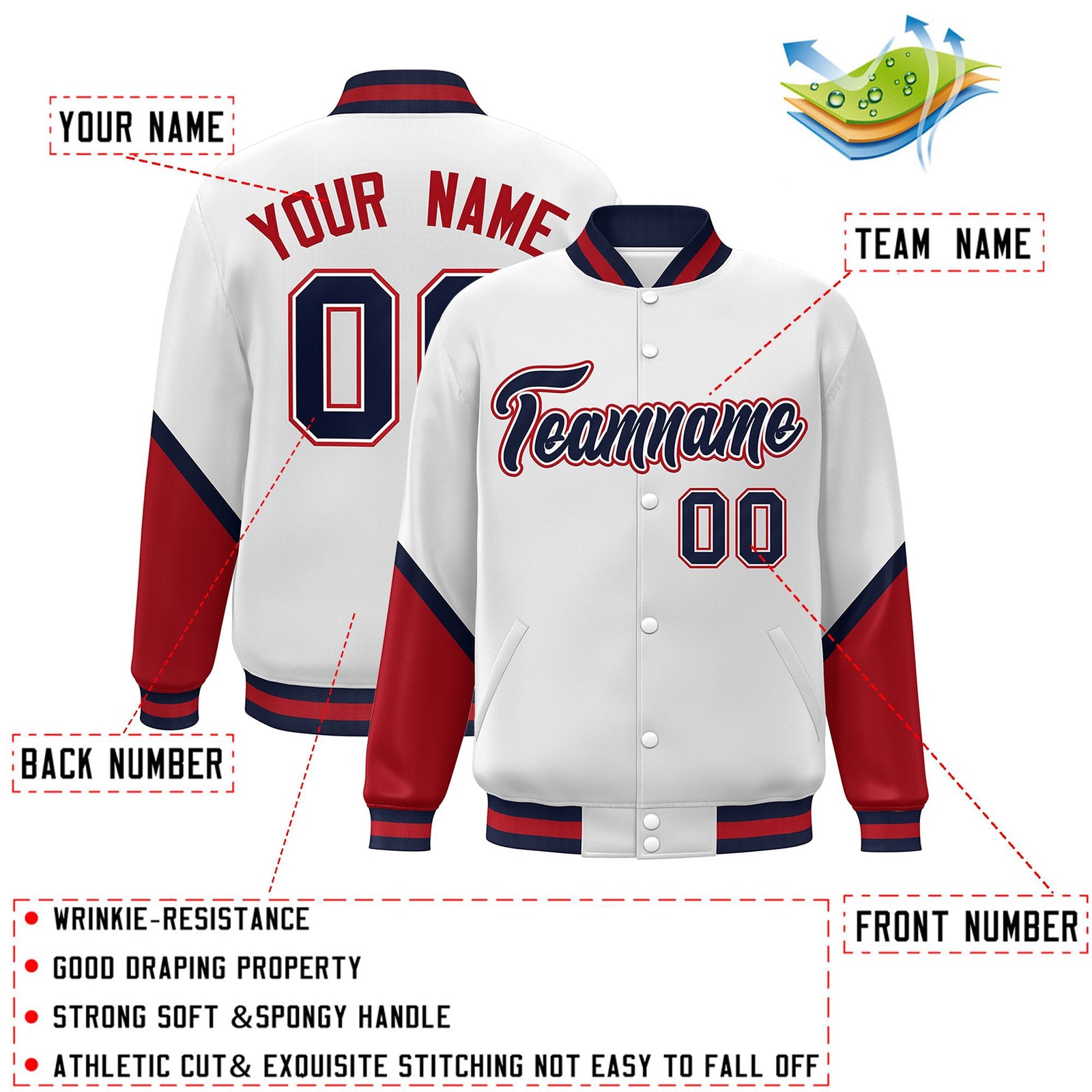 Custom White Red Varsity Full-Snap Color Block Letterman Baseball Jacket