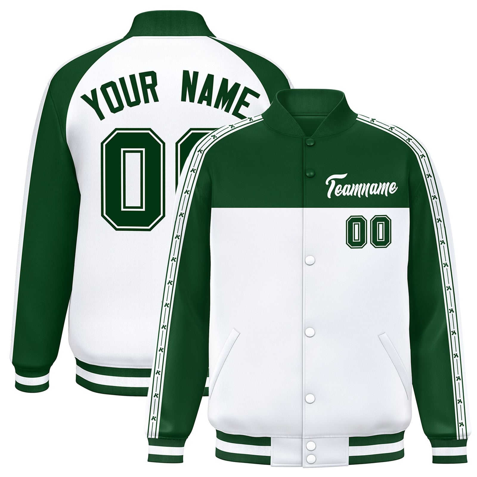 Custom Green White K-Ribbon Raglan Sleeves Varsity Full-Snap Color Block Letterman Jacket