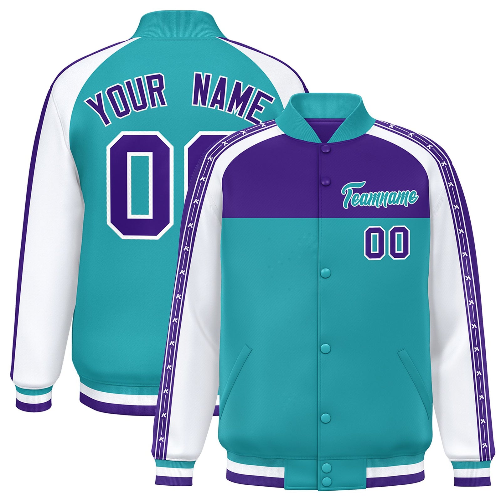 Custom Purple Aqua K-Ribbon Raglan Sleeves Varsity Full-Snap Color Block Letterman Jacket