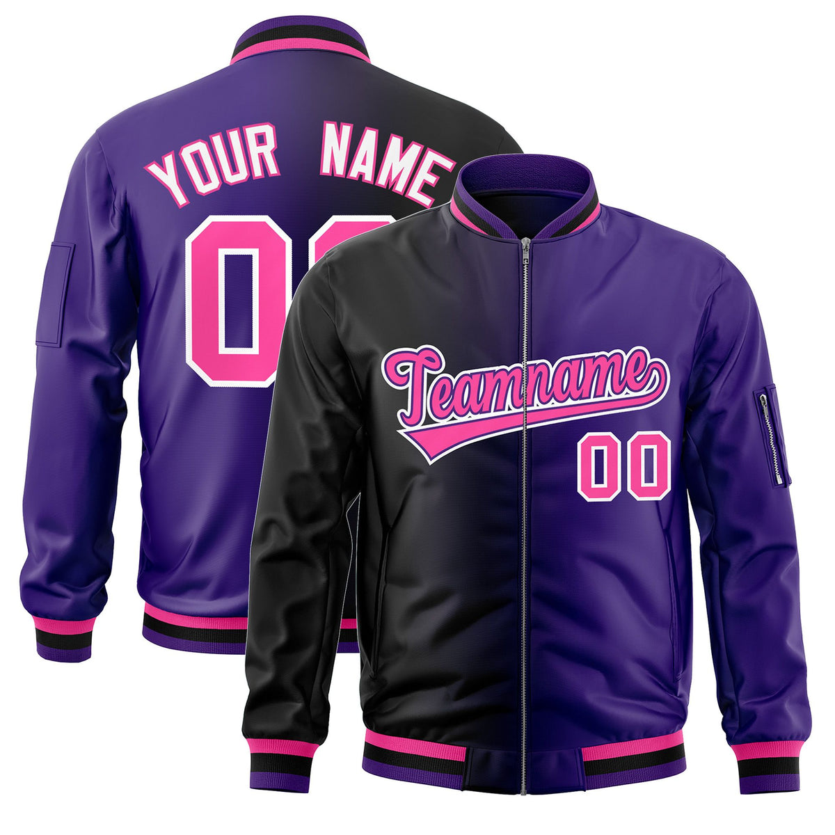 Custom Black Purple Full-Zip Gradient Fashion Letterman Bomber Jacket