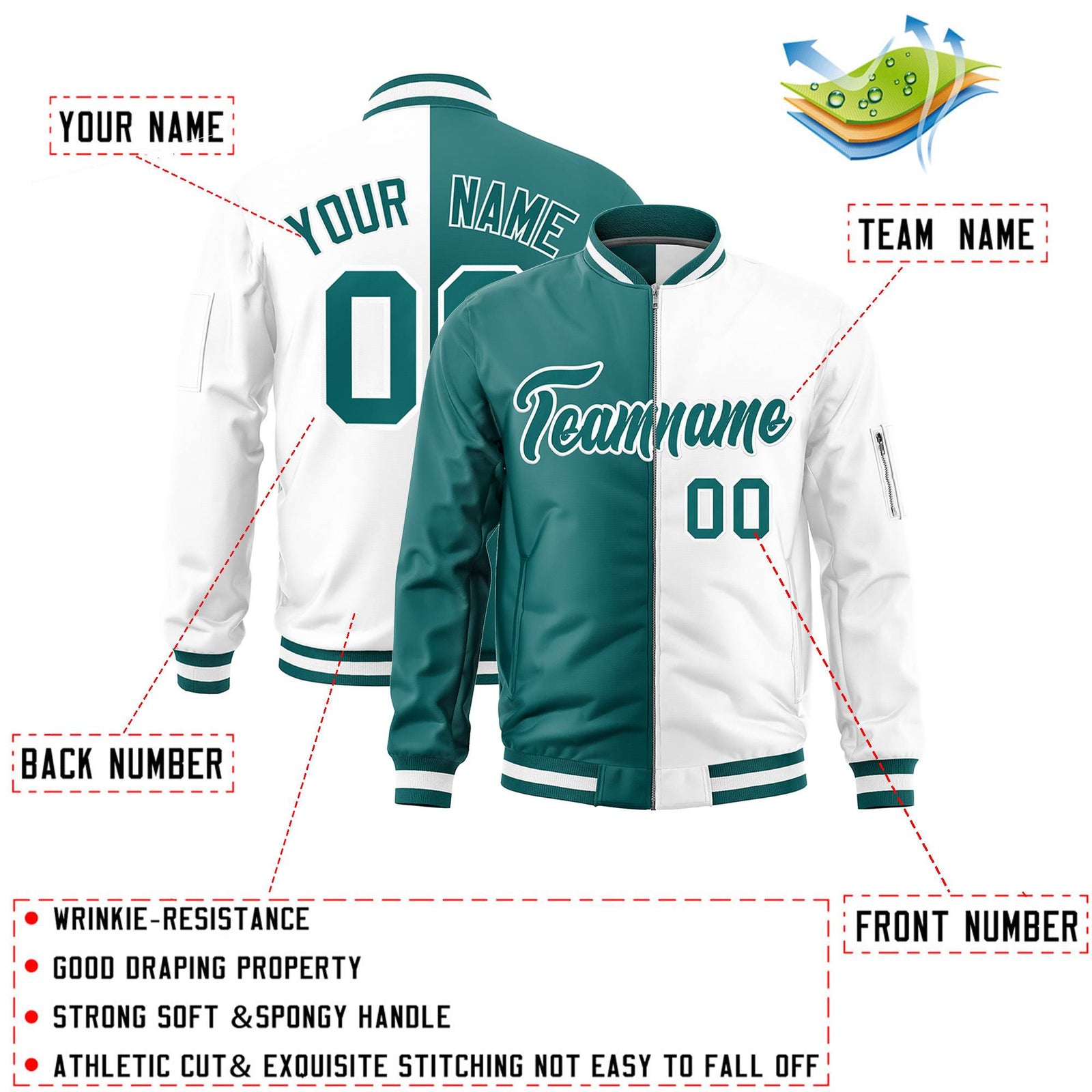 Custom Aqua White Split Varsity Full-Zip Two Tone Letterman Bomber Jacket