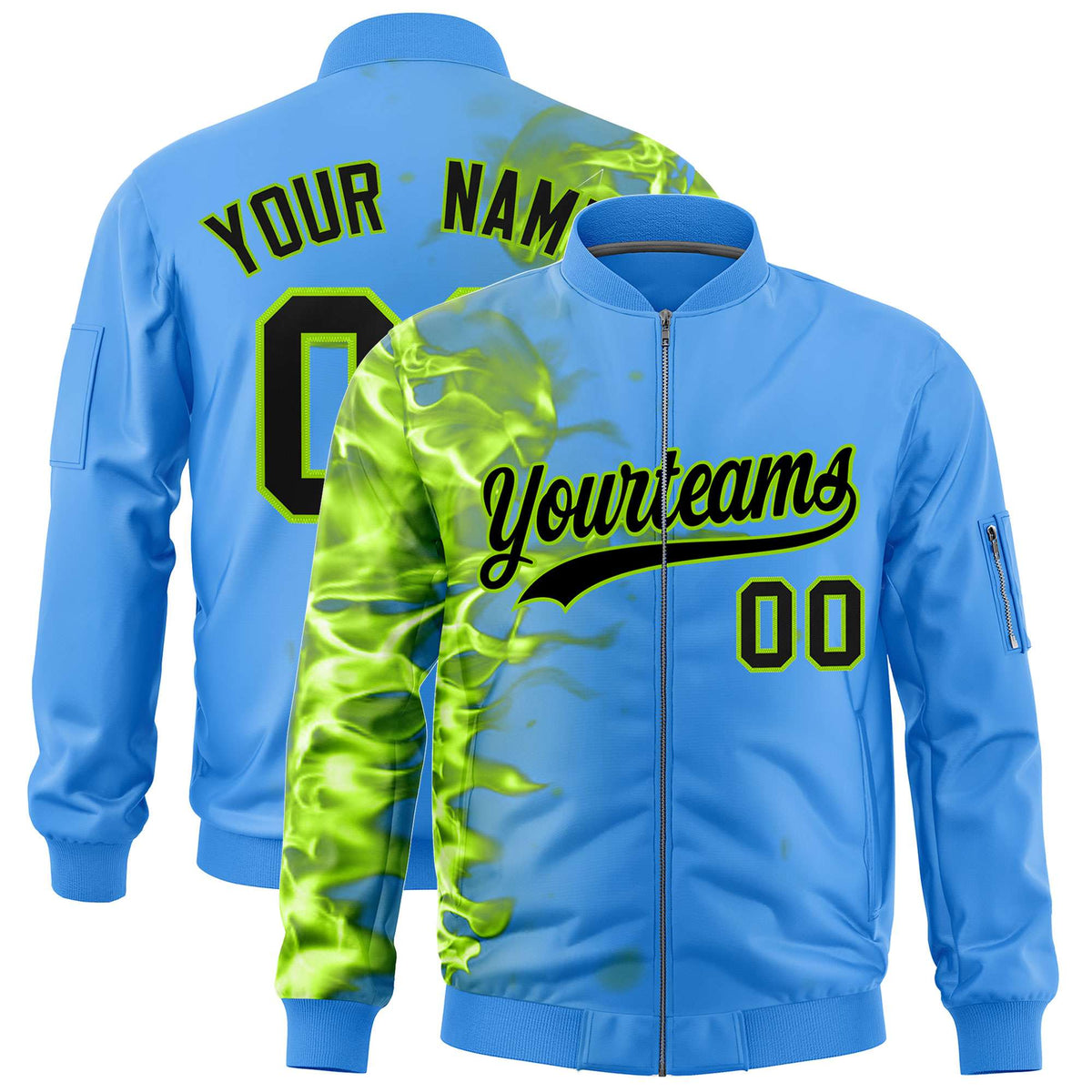 Custom Powder Blue 3D Flame Varsity Full-Zip Letterman Bomber Jacket