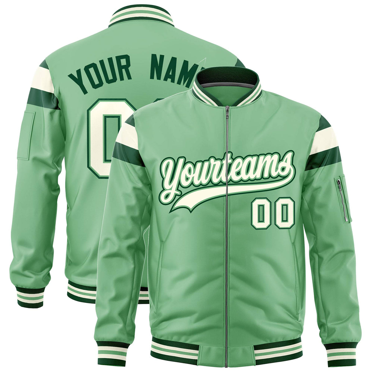 Custom Light Green Green-Cream Varsity Full-Zip Shoulder Color Block Letterman Bomber Jacket