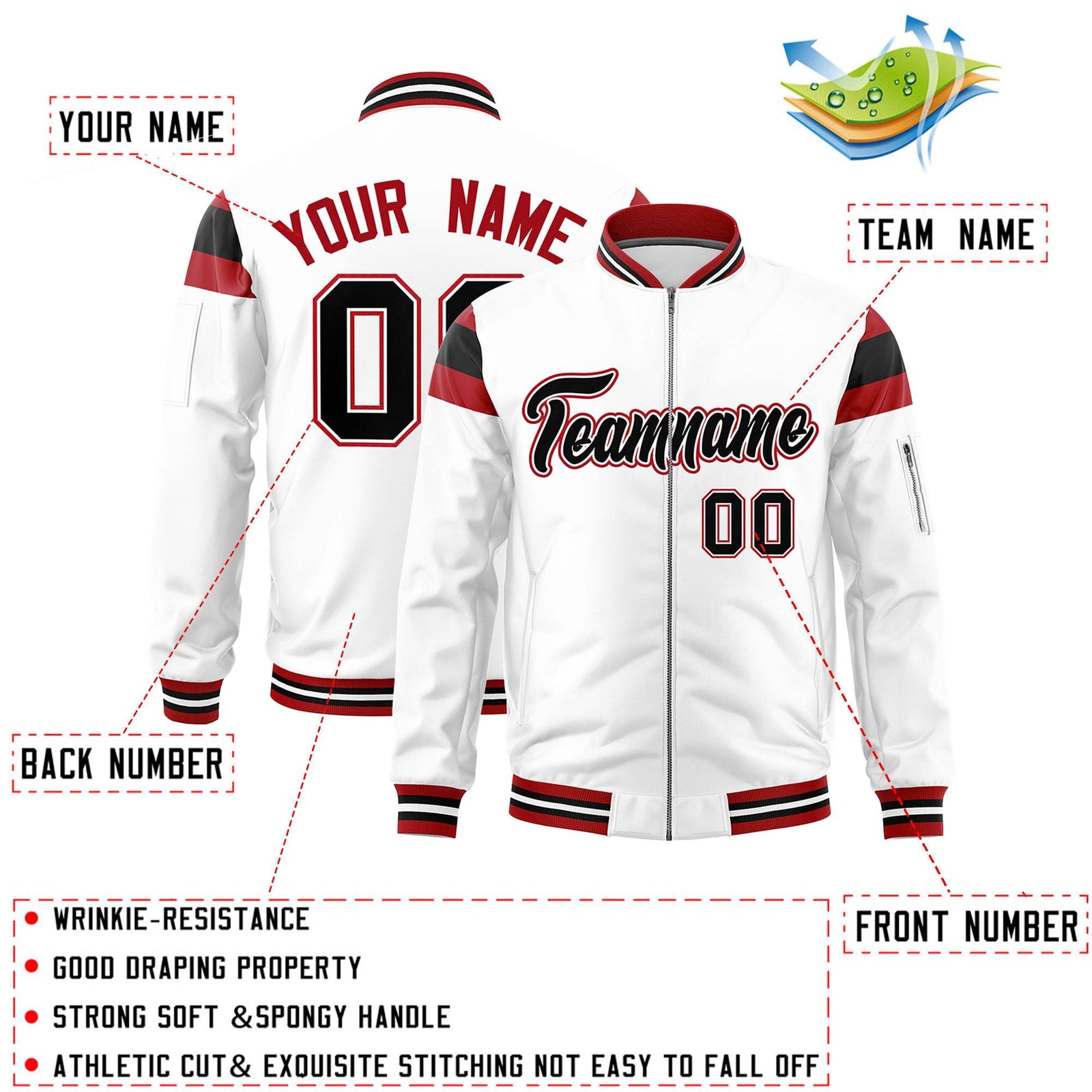 Custom White Red-Black Varsity Full-Zip Shoulder Color Block Letterman Bomber Jacket