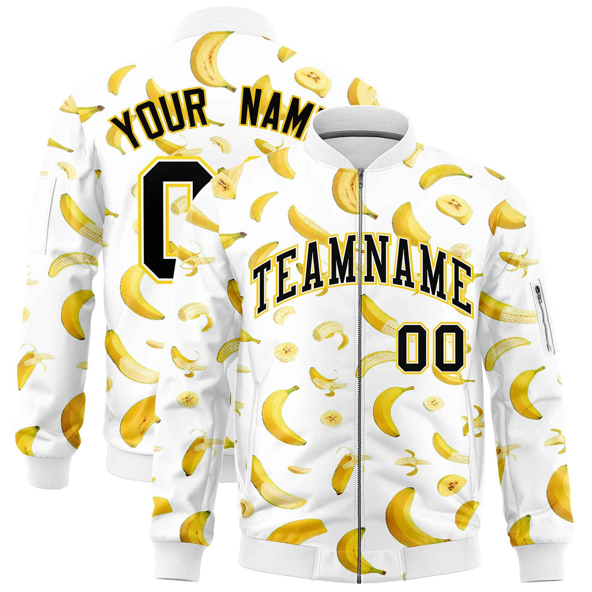 Custom White Varsity Full-Zip Banana Pattern Letterman Bomber Jacket | Graffiti Pattern | Embroidery&amp;Dye-sublimation printing | KXKSHOP